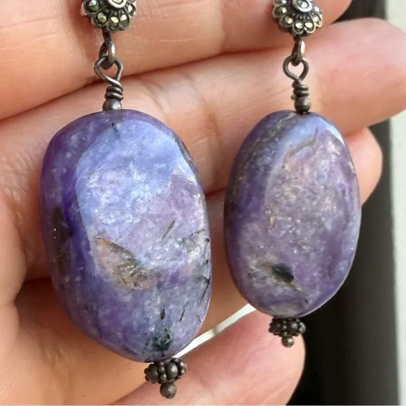 Handmade Chariote Purple Gemstone Sterling Silver Boho Dangle Earrings - Picture 10 of 17